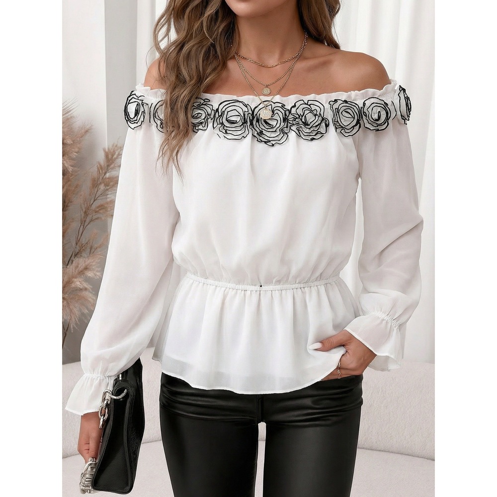 Simply Liliana Off The Shoulder Blouse White Floral Applique Peplum Top Size‎ L